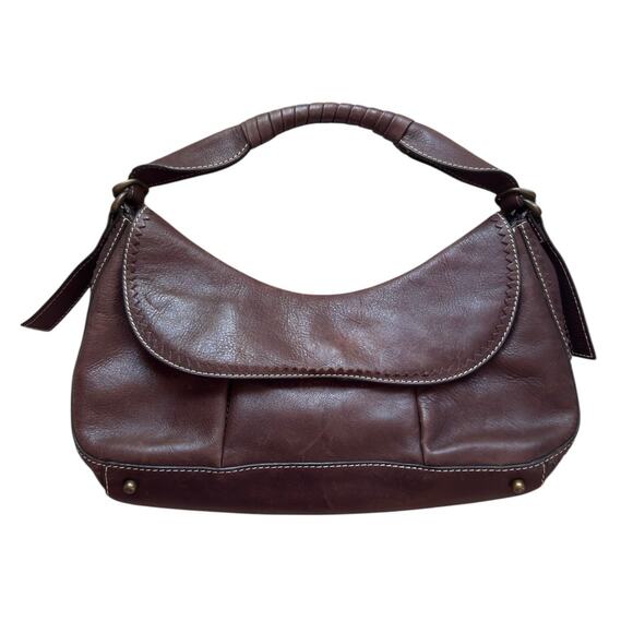 BCBG Max Azria Brown Leather Shoulder Bag Hobo Purse Flap Satchel Handbag Y2K - Picture 1 of 10